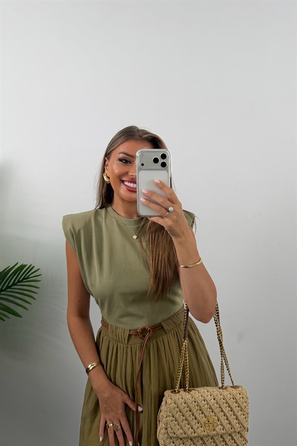 Premium Seri Eteği Tensel Vatkalı Kemerli Midi Elbise Olive