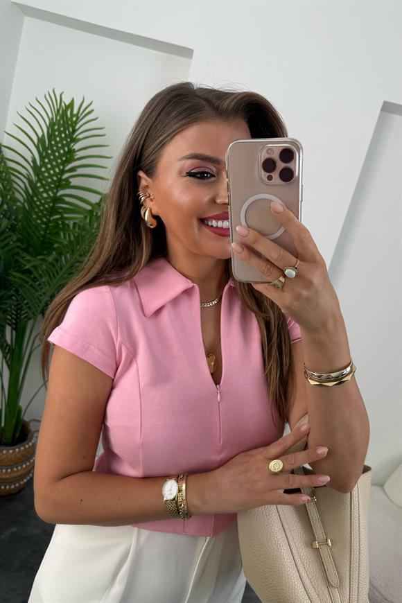 Premium Seri Fermuarlı Polo Yaka Pamuklu Basic Pembe