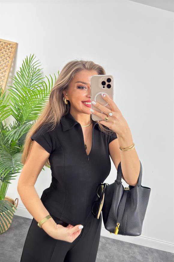 Premium Seri Fermuarlı Polo Yaka Pamuklu Basic Siyah 