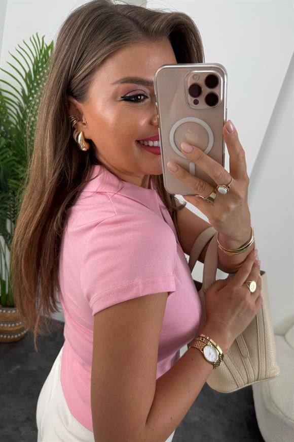 Premium Seri Fermuarlı Polo Yaka Pamuklu Basic Pembe