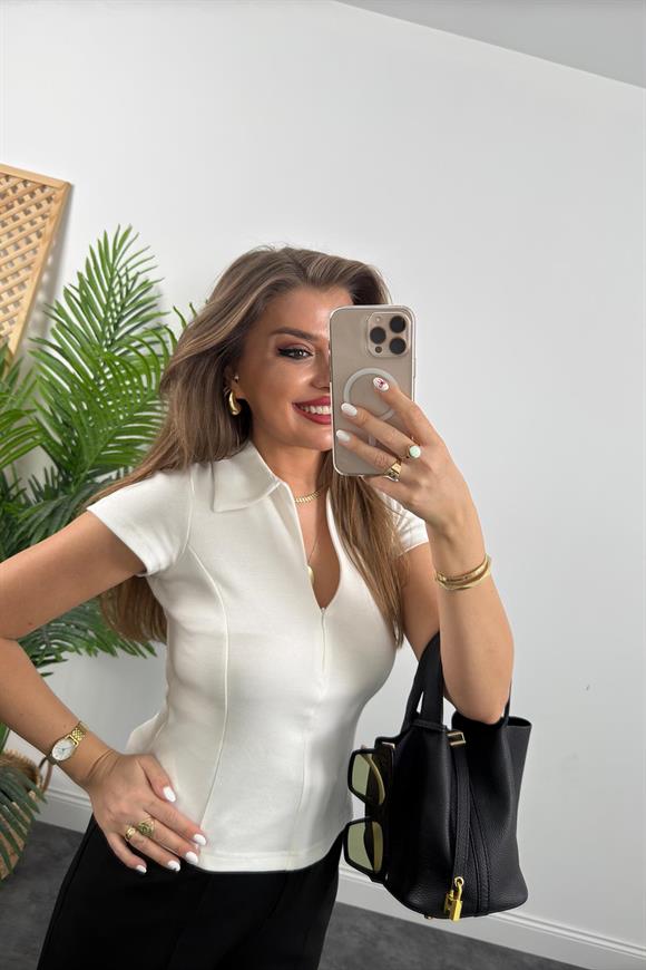 Premium Seri Fermuarlı Polo Yaka Pamuklu Basic Ekru 