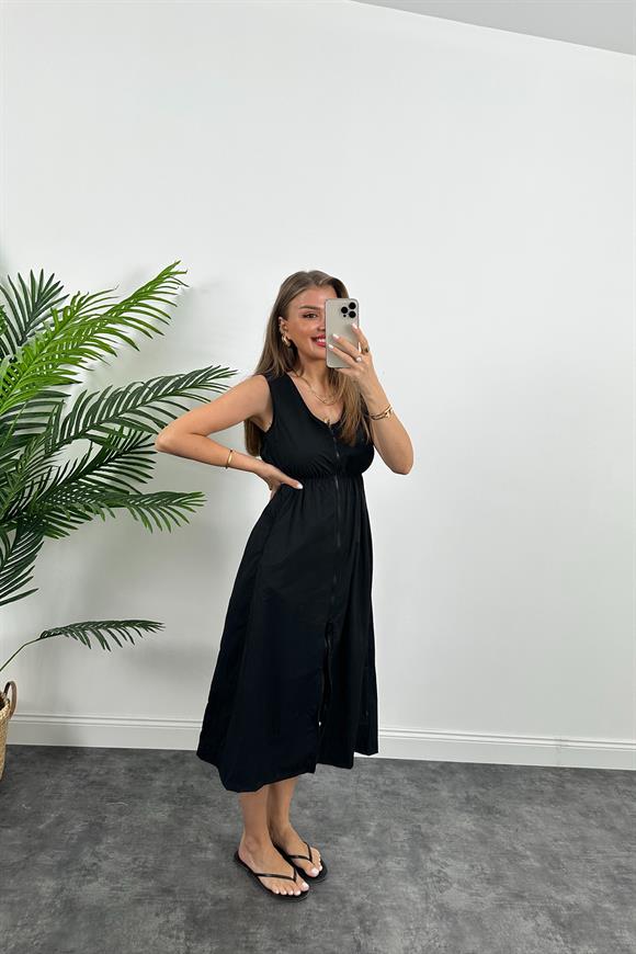 Premium Seri Fermuarlı Tensel Kumaş Kloş Elbise