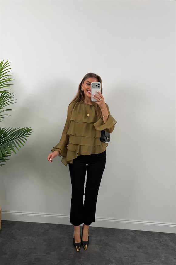 Premium Seri Fırfırlı Tensel Bluz Olive 