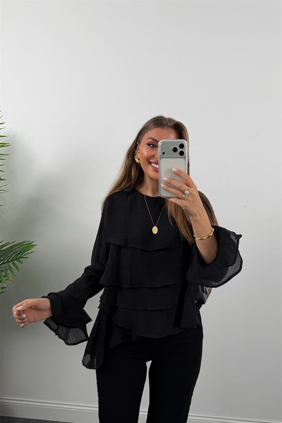 Premium Seri Fırfırlı Tensel Bluz Siyah