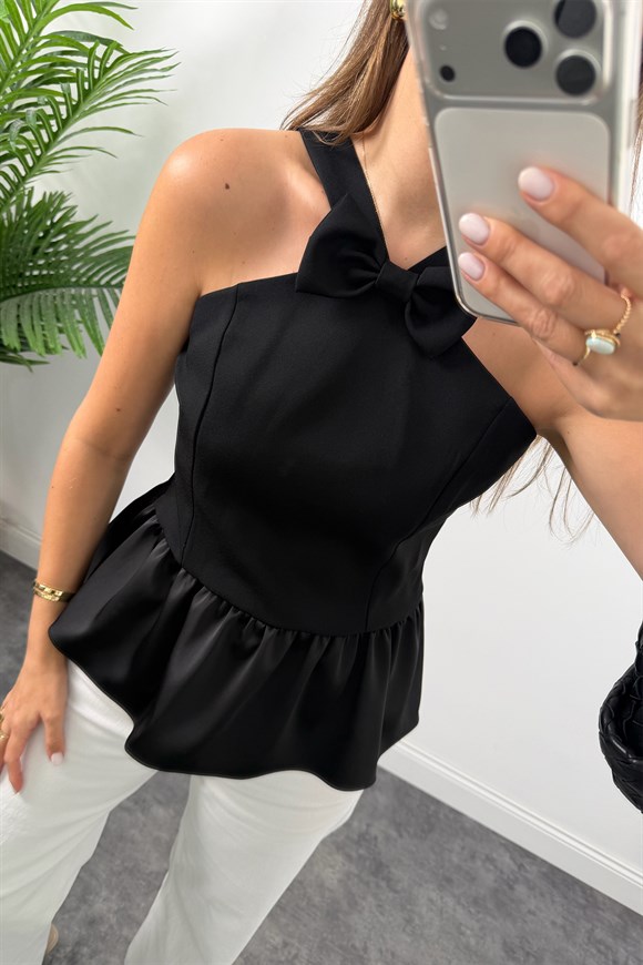 Premium Seri Fiyonklu Peplum Bluz  Siyah