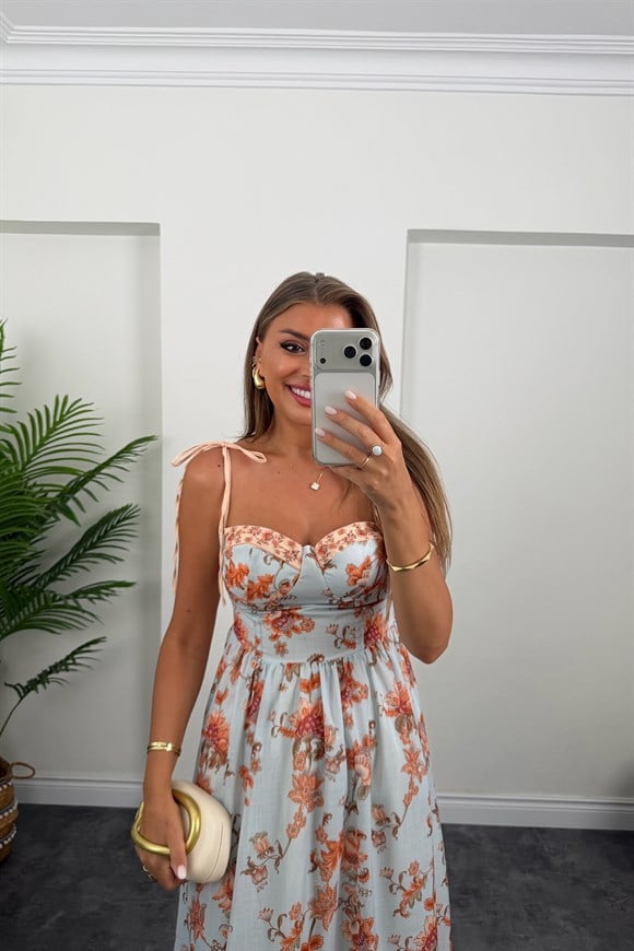Premium Seri Floral Desenli Midi Boy Tasarım Keten Elbise