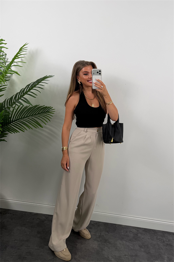 Premium Seri Gold Düğme İpekli Krep Dökümlü Palazzo Taş