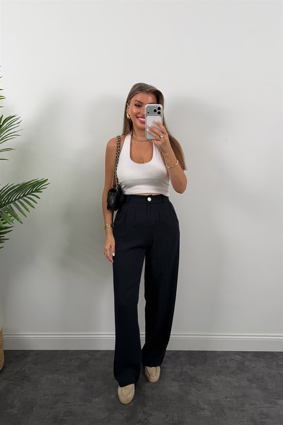 Premium Seri Gold Düğme İpekli Krep Dökümlü Palazzo Lacivert 