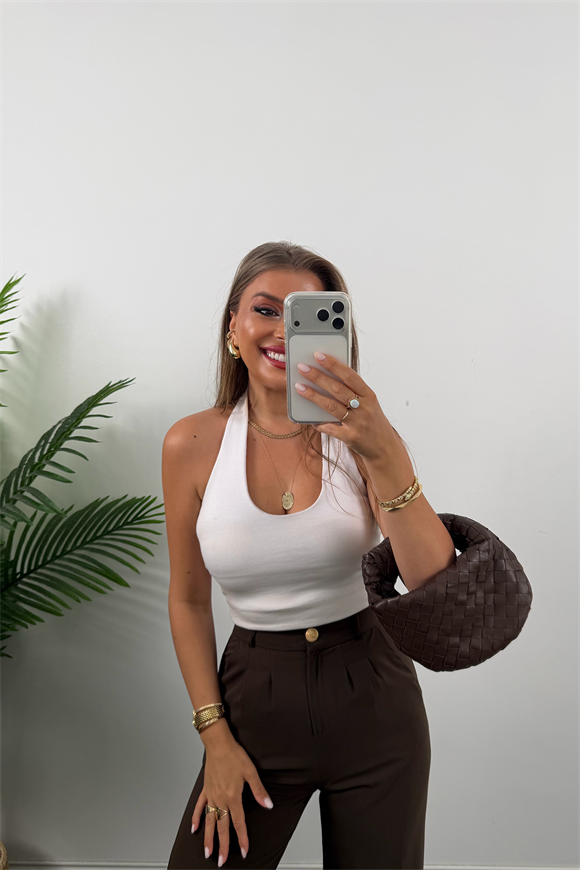 Premium Seri Gold Düğme İpekli Krep Dökümlü Palazzo Acı Kahve