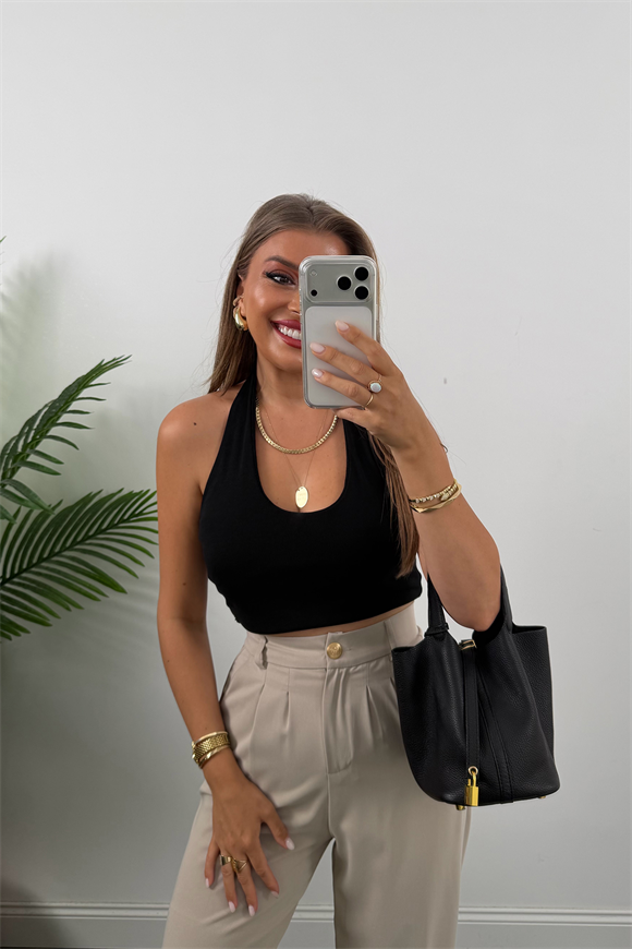 Premium Seri Gold Düğme İpekli Krep Dökümlü Palazzo Taş