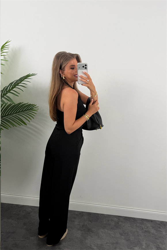 Premium Seri Gold Düğme İpekli Krep Dökümlü Palazzo Siyah 