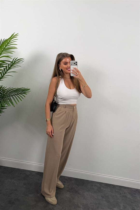 Premium Seri Gold Düğme İpekli Krep Dökümlü Palazzo Vizon