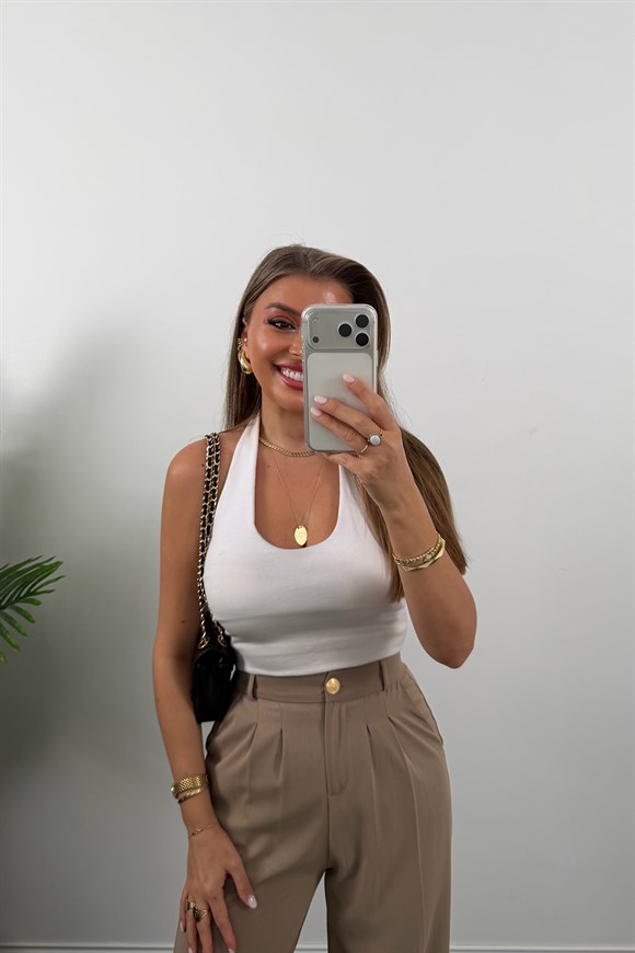 Premium Seri Gold Düğme İpekli Krep Dökümlü Palazzo Vizon