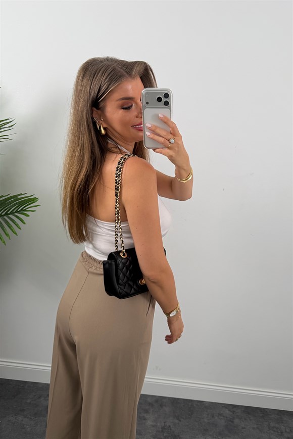 Premium Seri Gold Düğme İpekli Krep Dökümlü Palazzo Vizon