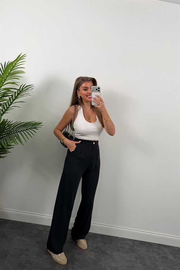 Premium Seri Gold Düğme İpekli Krep Dökümlü Palazzo Lacivert 