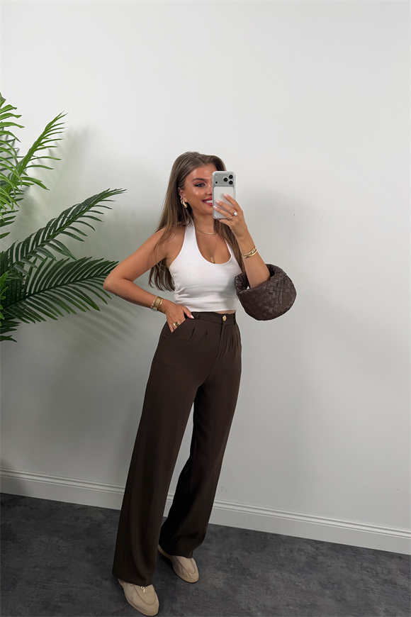 Premium Seri Gold Düğme İpekli Krep Dökümlü Palazzo Acı Kahve