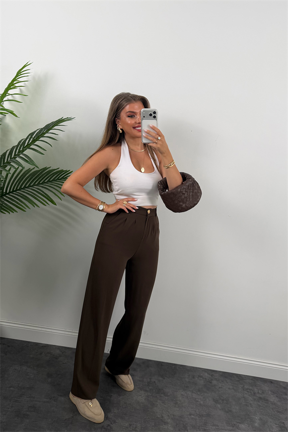 Premium Seri Gold Düğme İpekli Krep Dökümlü Palazzo Acı Kahve