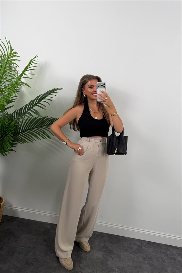 Premium Seri Gold Düğme İpekli Krep Dökümlü Palazzo Taş