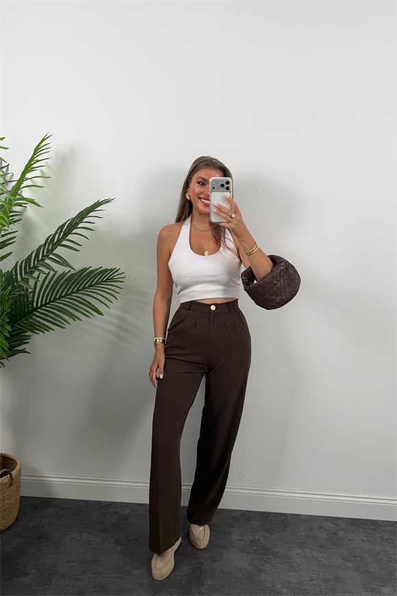 Premium Seri Gold Düğme İpekli Krep Dökümlü Palazzo Acı Kahve