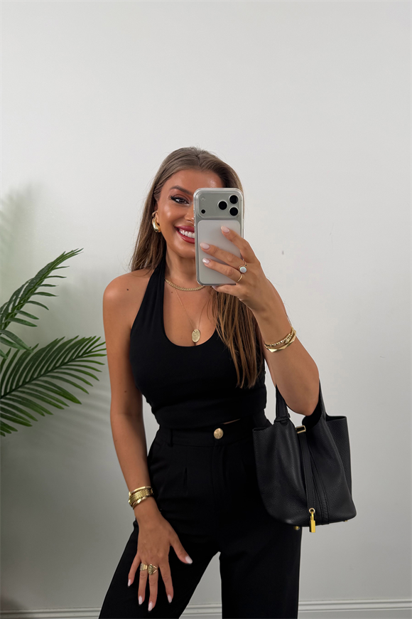 Premium Seri Gold Düğme İpekli Krep Dökümlü Palazzo Siyah 