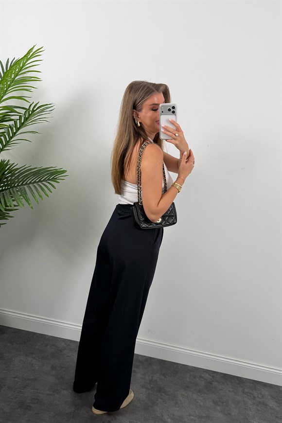 Premium Seri Gold Düğme İpekli Krep Dökümlü Palazzo Lacivert 