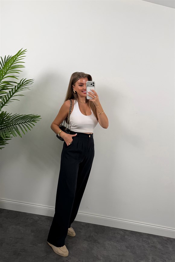 Premium Seri Gold Düğme İpekli Krep Dökümlü Palazzo Lacivert 