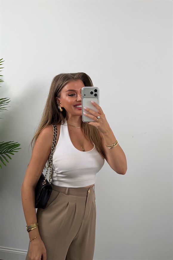 Premium Seri Gold Düğme İpekli Krep Dökümlü Palazzo Vizon