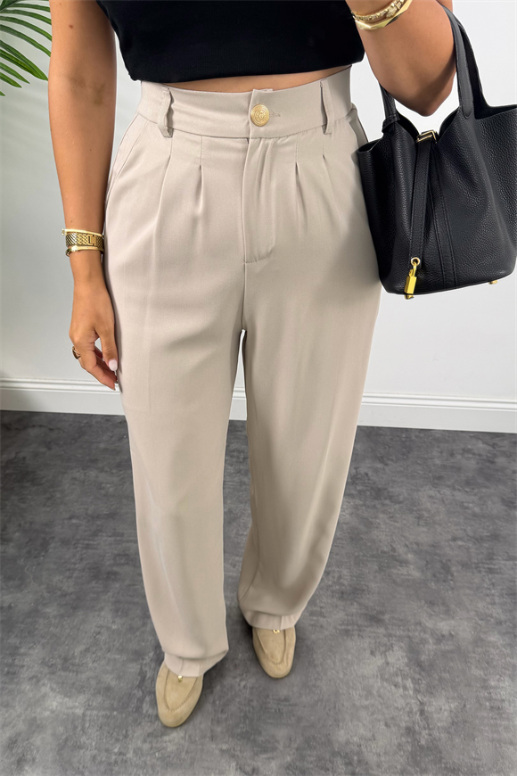 Premium Seri Gold Düğme İpekli Krep Dökümlü Palazzo Taş