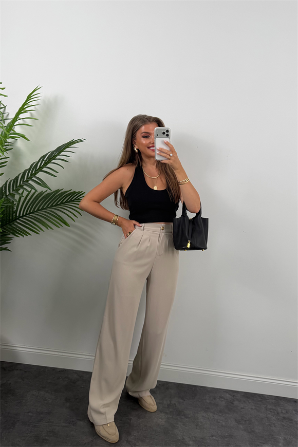 Premium Seri Gold Düğme İpekli Krep Dökümlü Palazzo Taş