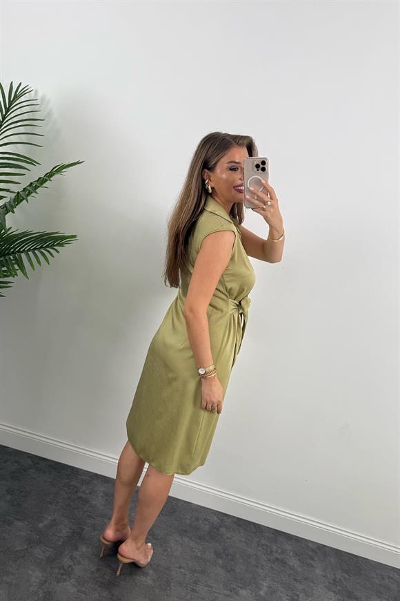Premium Seri Gold Düğmeli Bağlamalı Midi Gömlek Elbise Yağ Yeşili