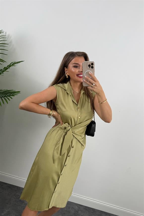 Premium Seri Gold Düğmeli Bağlamalı Midi Gömlek Elbise Yağ Yeşili