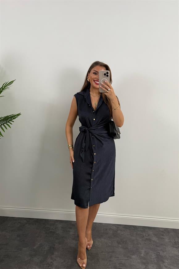 Premium Seri Gold Düğmeli Bağlamalı Midi Gömlek Elbise Lacivert