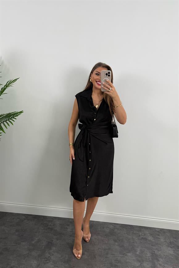 Premium Seri Gold Düğmeli Bağlamalı Midi Gömlek Elbise Siyah