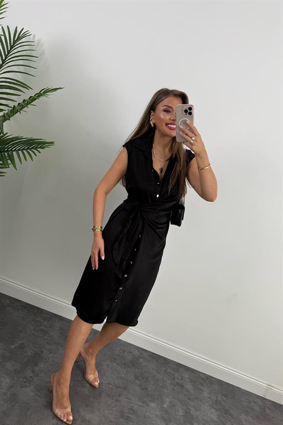 Premium Seri Gold Düğmeli Bağlamalı Midi Gömlek Elbise Siyah