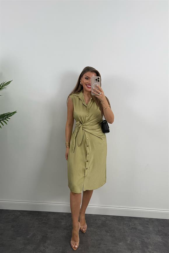 Premium Seri Gold Düğmeli Bağlamalı Midi Gömlek Elbise Yağ Yeşili