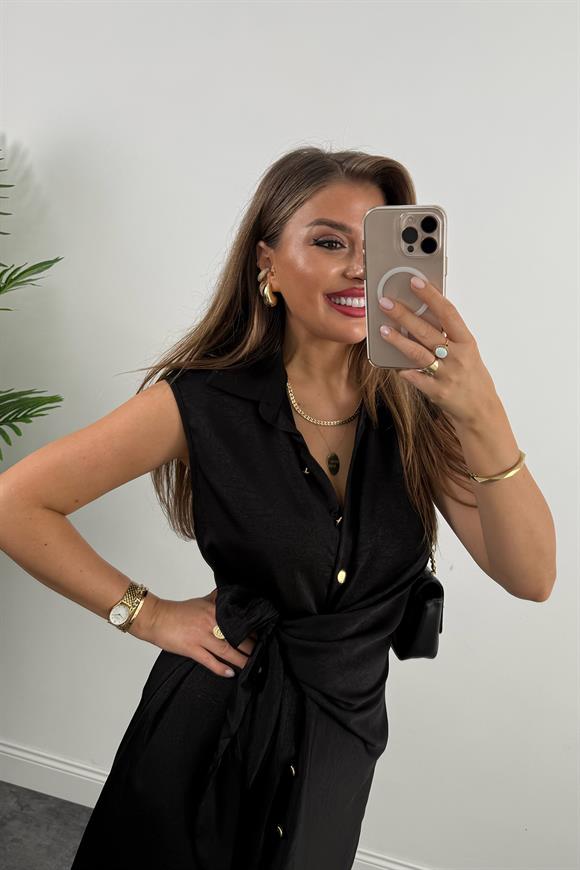 Premium Seri Gold Düğmeli Bağlamalı Midi Gömlek Elbise Siyah