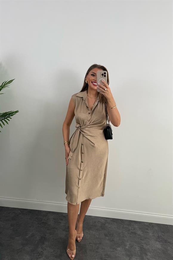 Premium Seri Gold Düğmeli Bağlamalı Midi Gömlek Elbise Vizon