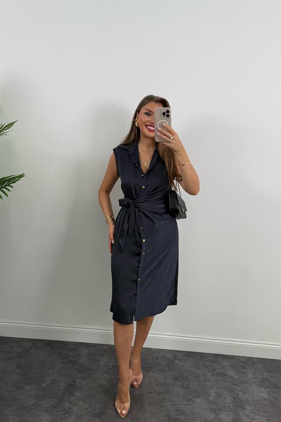 Premium Seri Gold Düğmeli Bağlamalı Midi Gömlek Elbise Lacivert