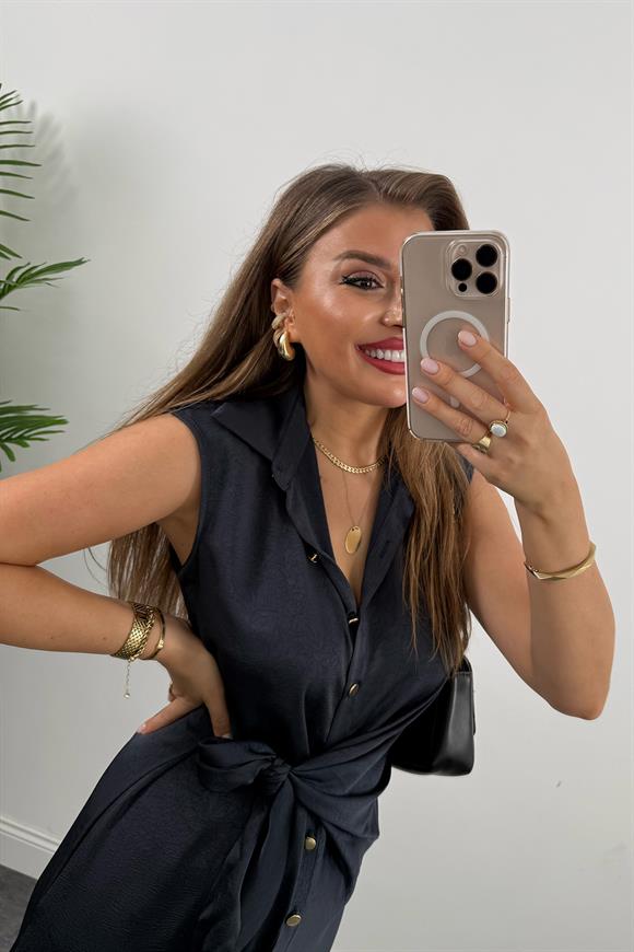 Premium Seri Gold Düğmeli Bağlamalı Midi Gömlek Elbise Lacivert