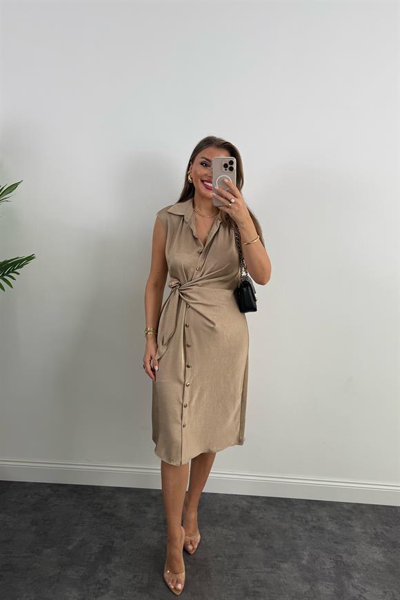 Premium Seri Gold Düğmeli Bağlamalı Midi Gömlek Elbise Vizon