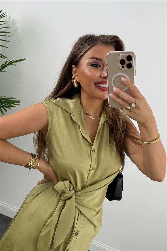 Premium Seri Gold Düğmeli Bağlamalı Midi Gömlek Elbise Yağ Yeşili