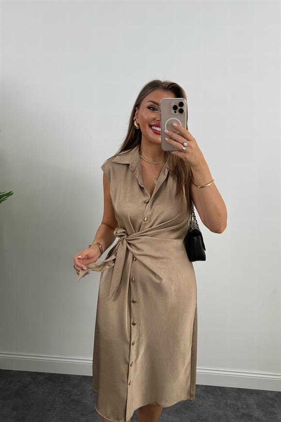 Premium Seri Gold Düğmeli Bağlamalı Midi Gömlek Elbise Vizon