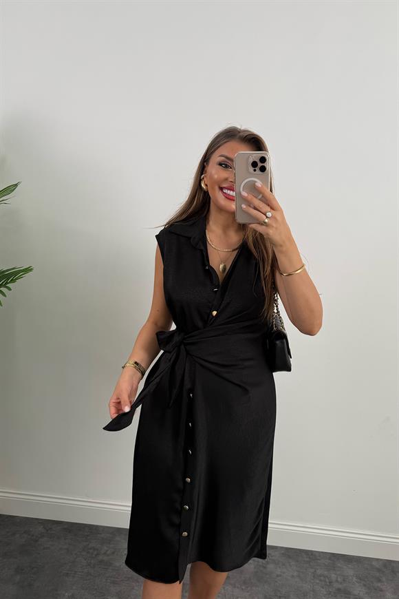 Premium Seri Gold Düğmeli Bağlamalı Midi Gömlek Elbise Siyah