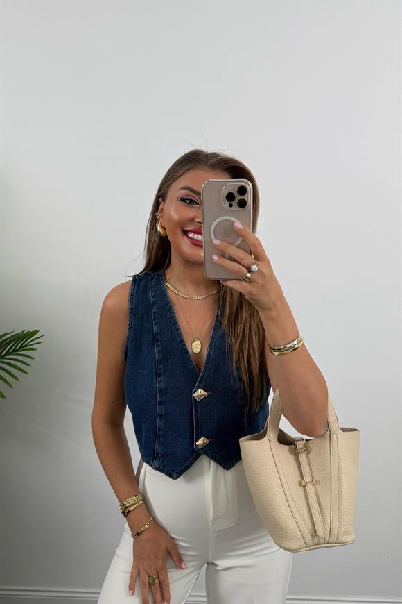 Premium Seri Gold Düğmeli Kısa Jean Yelek