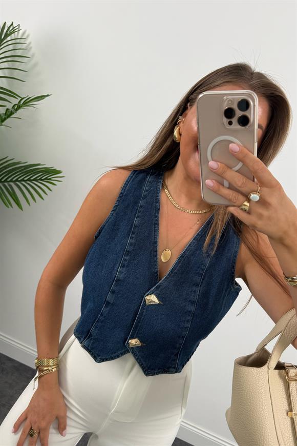 Premium Seri Gold Düğmeli Kısa Jean Yelek