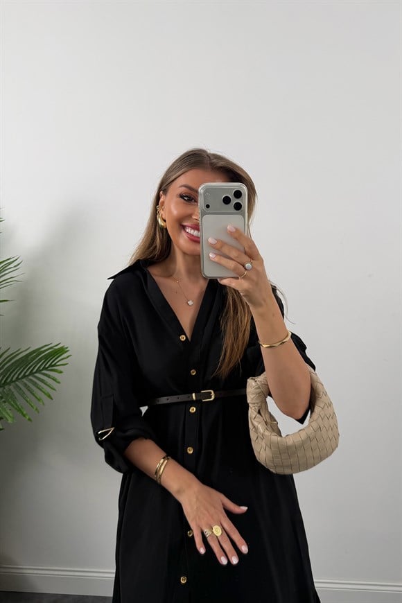 Premium Seri Gold Düğmeli Tensel Gömlek Elbise Siyah