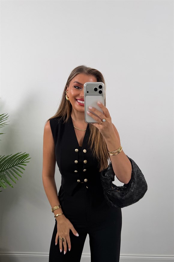 Premium Seri Gold Düğmeli Yelek Palazzo Takım Siyah