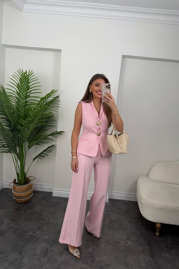Premium Seri Gold Düğmeli Yelek Palazzo Takım Pembe
