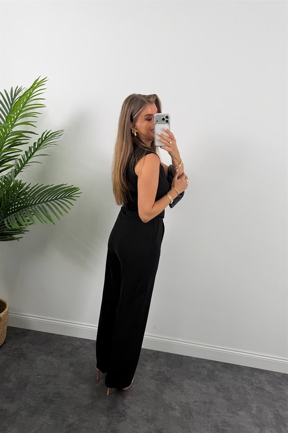 Premium Seri Gold Düğmeli Yelek Palazzo Takım Siyah