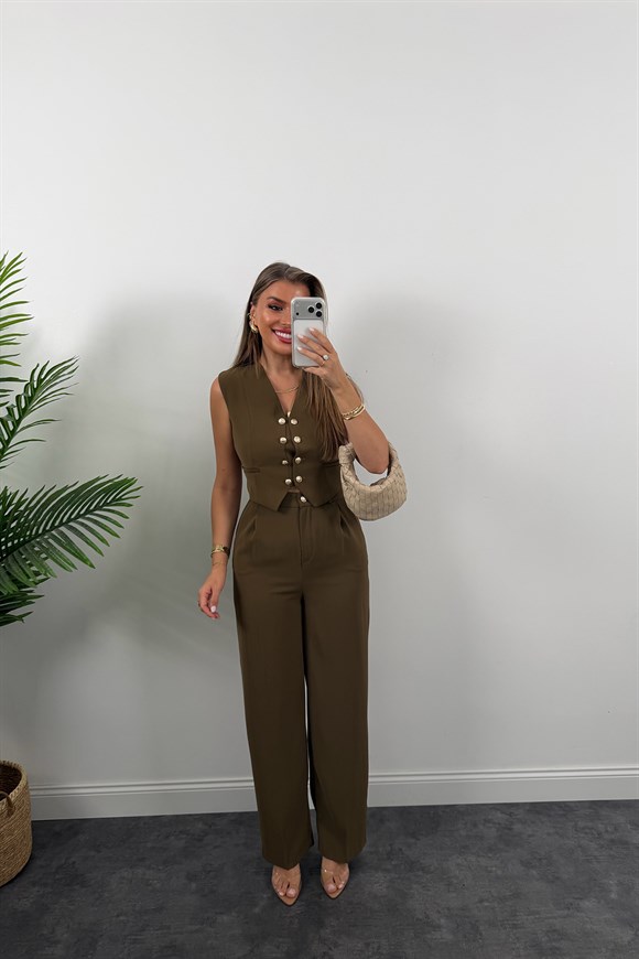 Premium Seri Gold Düğmeli Yelek Palazzo Takım Haki